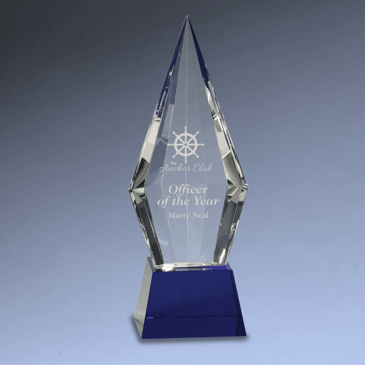 Faceted Crystal Obelisk Award with Pedestal Base - Blue