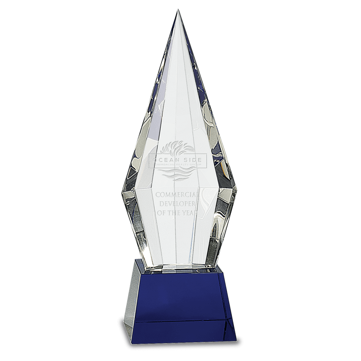 Faceted Crystal Obelisk Award with Pedestal Base - Blue