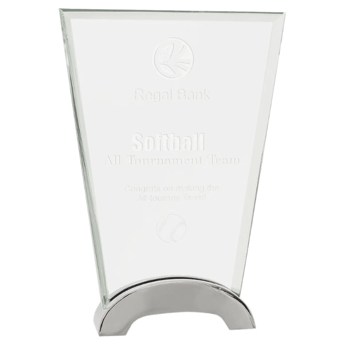 Platinum Glass Awards on Silver Aluminum Base – Custom Engraved Fan / Arch Metal / 7 1/2"