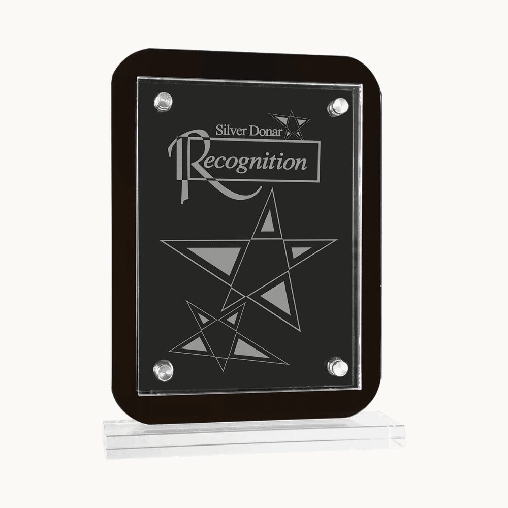 Floating Black and Clear Glass Stand Up Plaques Silver Hardware - 5 1/2" x 7 3/4"
