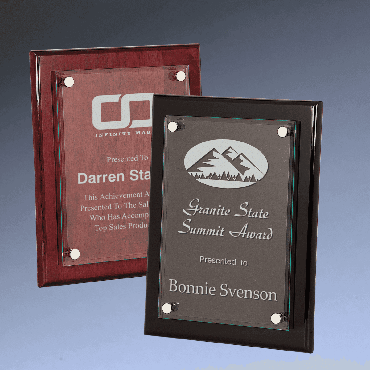 Floating Glass Award Plaques with Piano Finish Backing - Black Piano Finish