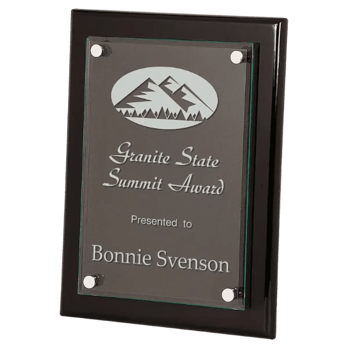 Floating Glass Award Plaques with Piano Finish Backing - Rosewood Piano Finish