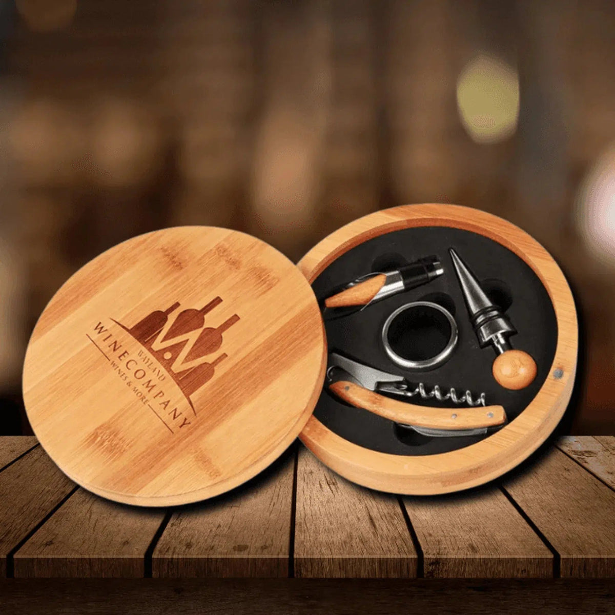 Personalized 4-Piece Wine Tool Gift Set - With Round Bamboo Box Default Title