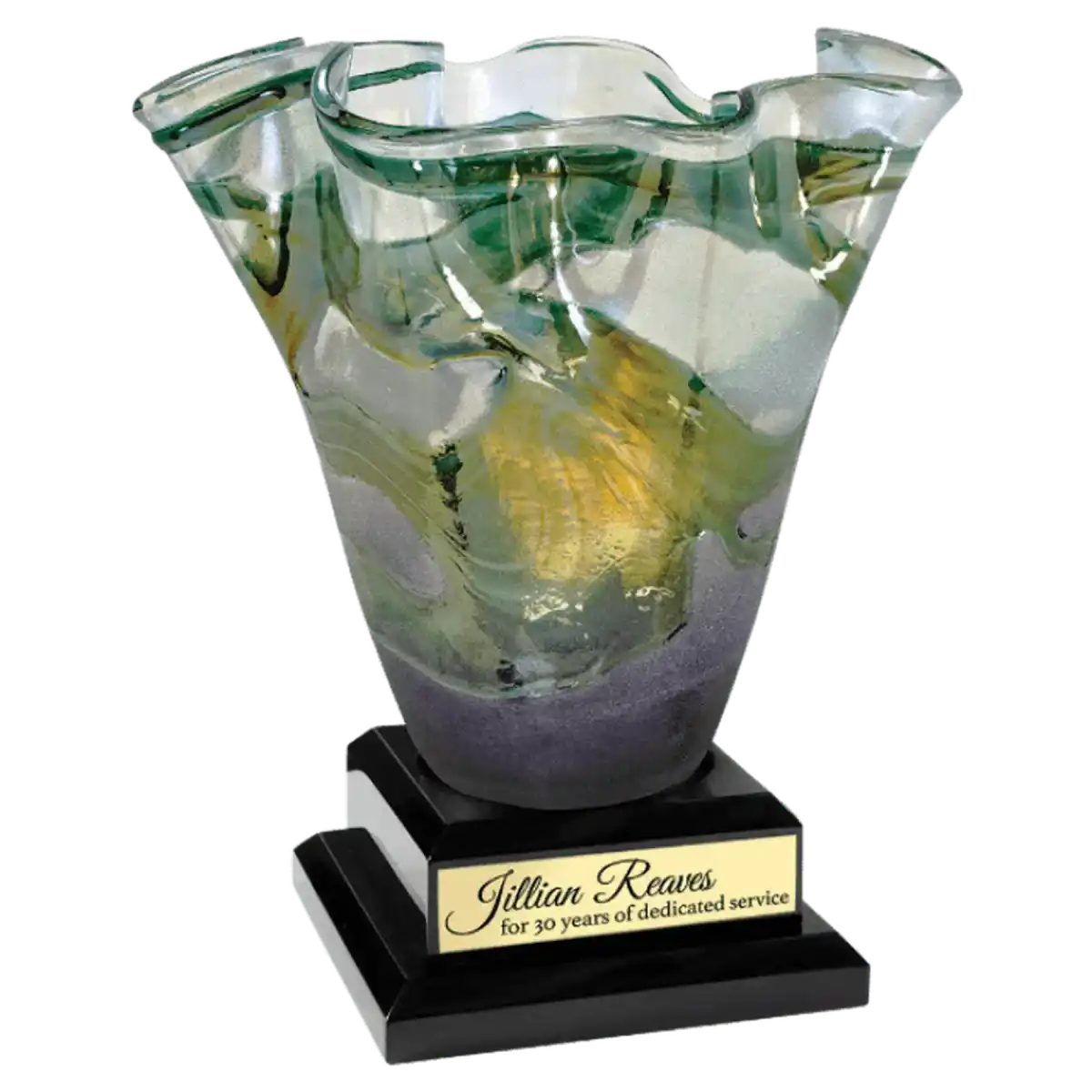 Green Scalloped Art Glass Vase - Hand-Blown Glass for Awards and Decor with Optional Base