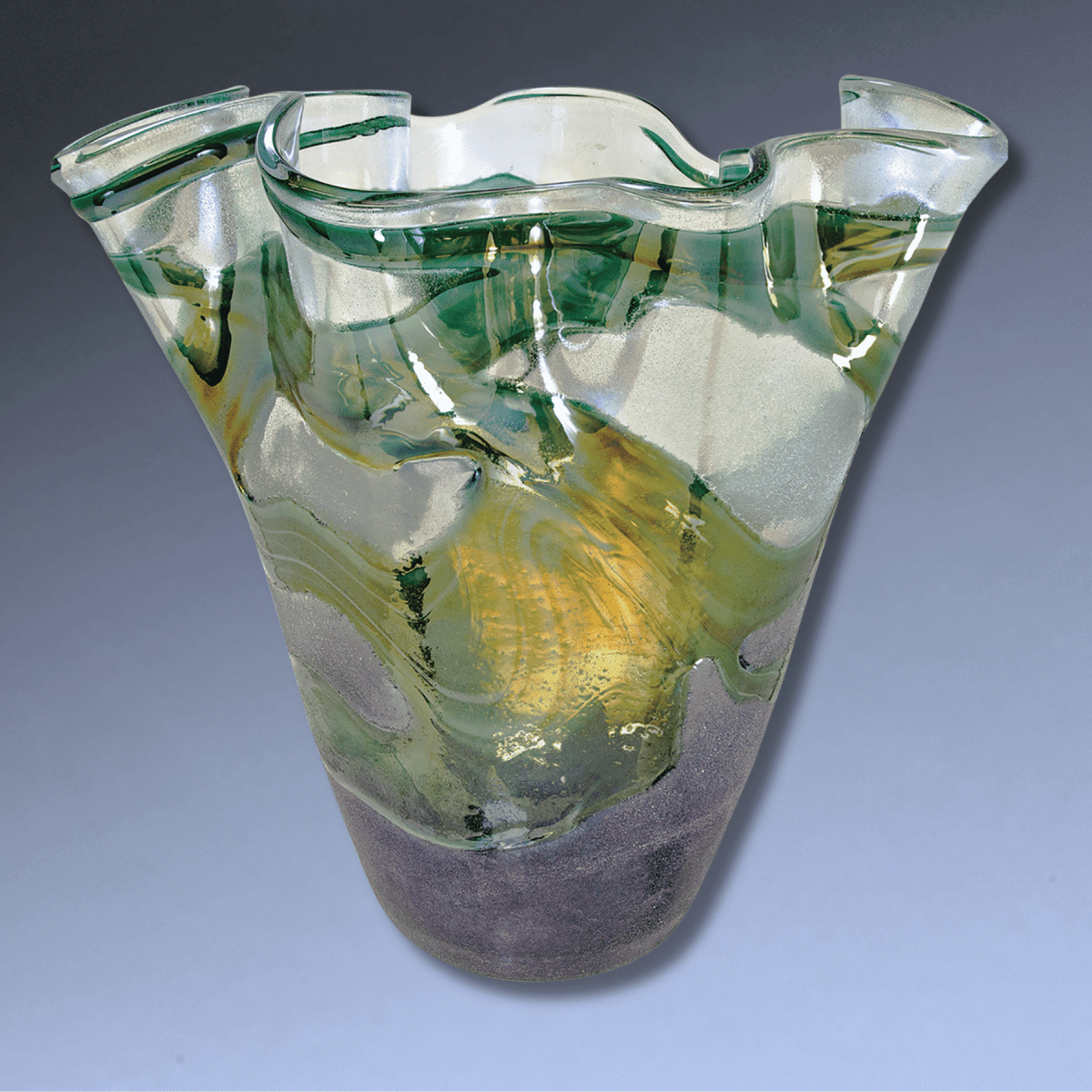 Hand - Blown Art Glass Vases – Swirl or Scalloped Designs - Scalloped in Green Hues