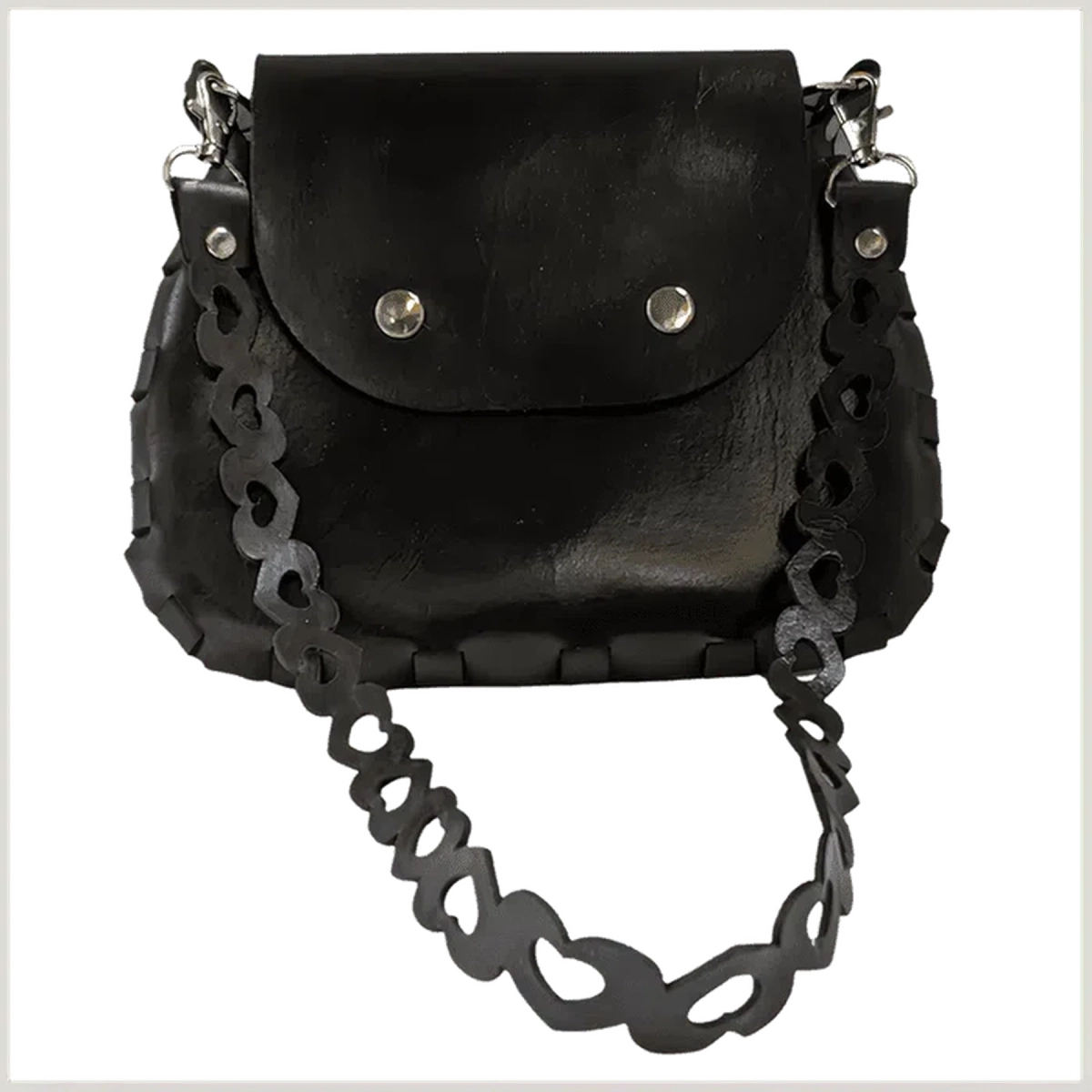 Custom Made Leather Purses and Clutches Black - Sweetheart (11" x 9.5") / 22" Strap / Bronze Clasp