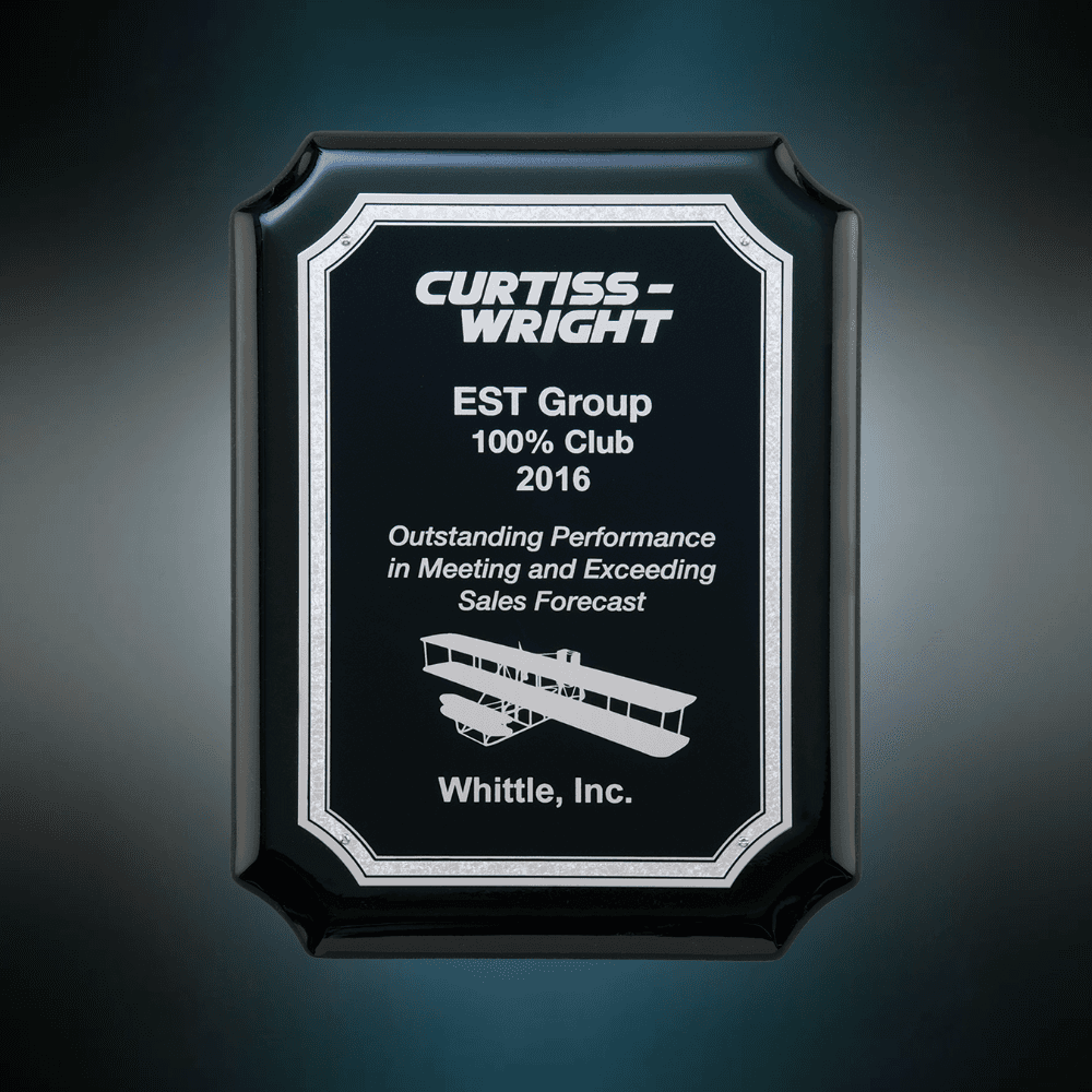 High Gloss Black Plaque with Silver Florentine Border and Engraving - 7" x 9"