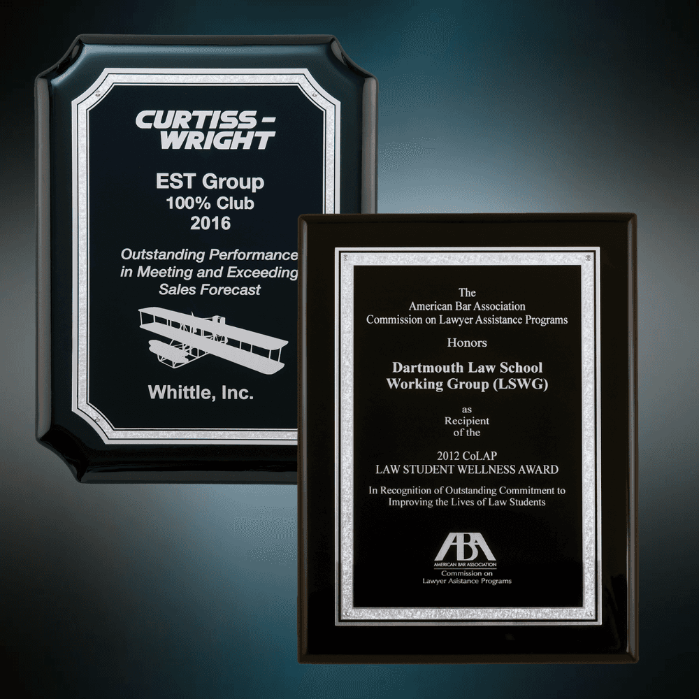 High Gloss Black Plaque with Silver Florentine Border and Engraving - 7" x 9"