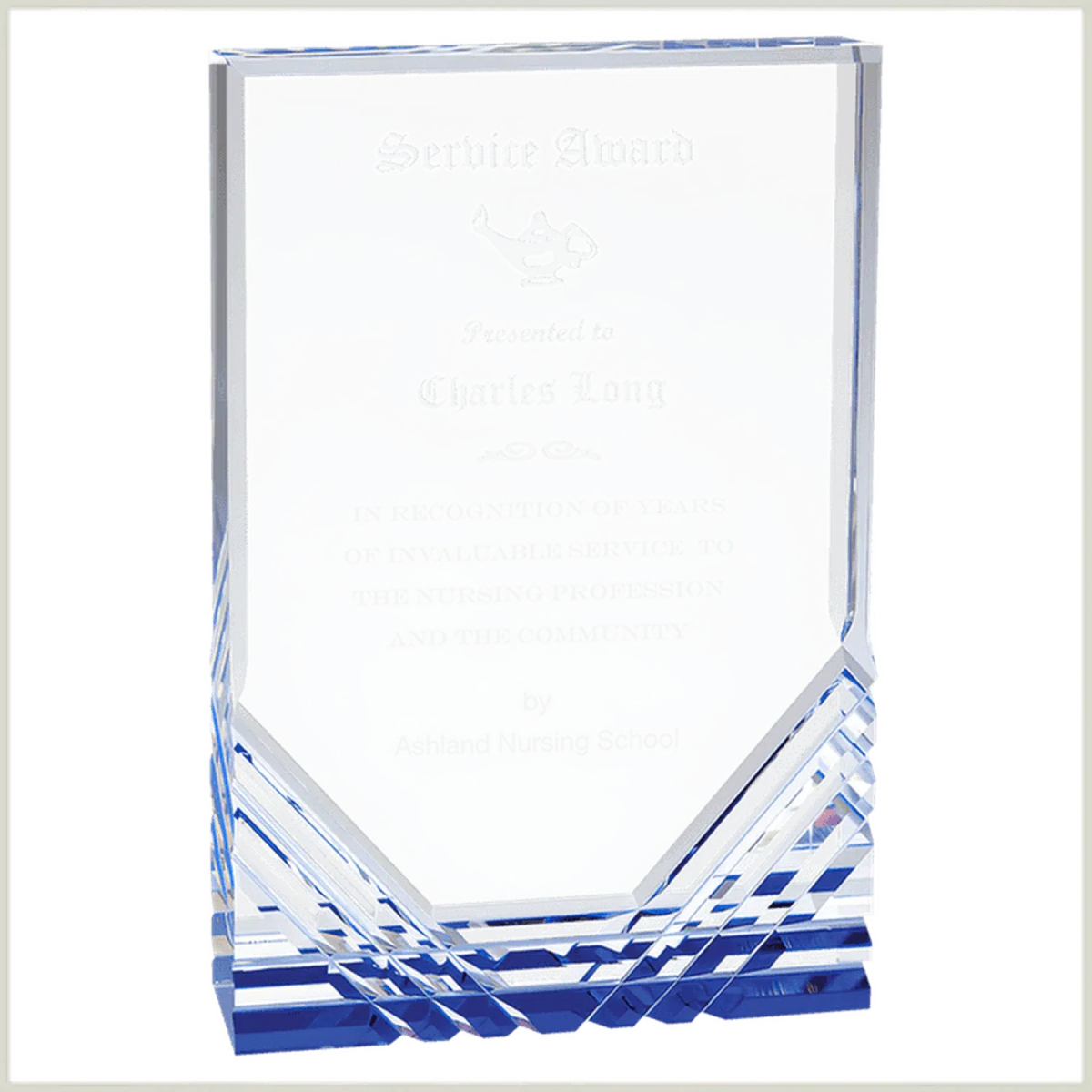 Jewel Mirage Acrylic Award – Custom Engraved with Blue or Gold Accents Blue / 3 1/2" x 5"