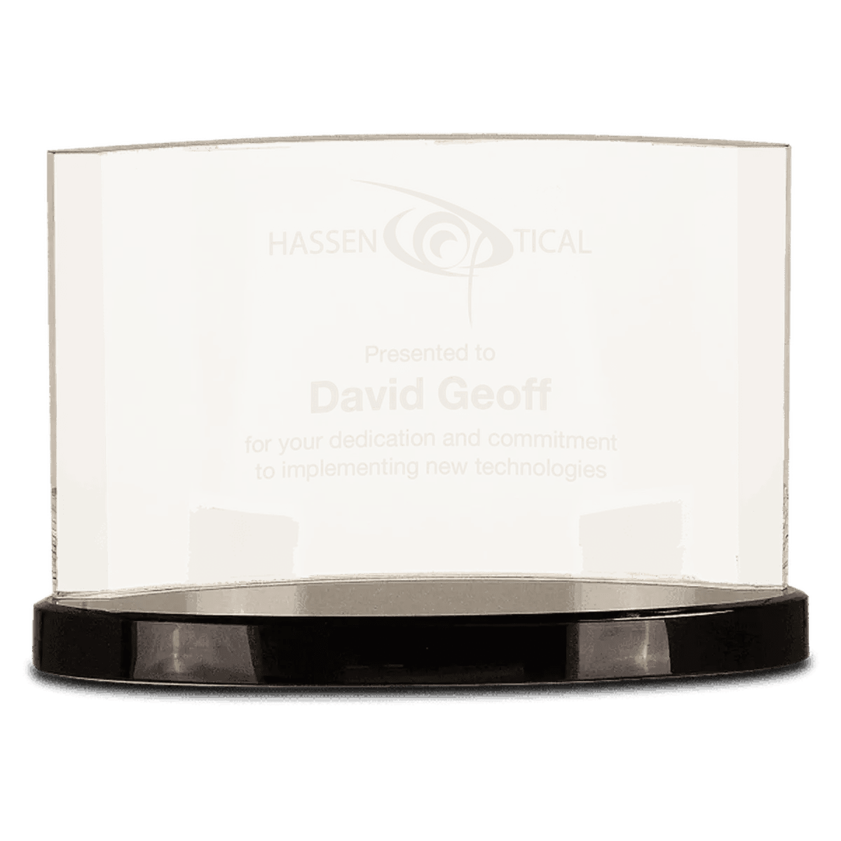 Laser Etched Crystal Crescent Award with Black Base - 9" x 6"