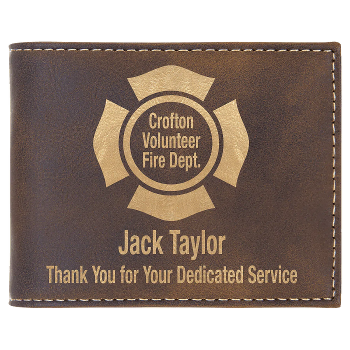 Personalized RFID Bifold Wallet with Flip ID in Engraved Leathrette Rustic/Gold