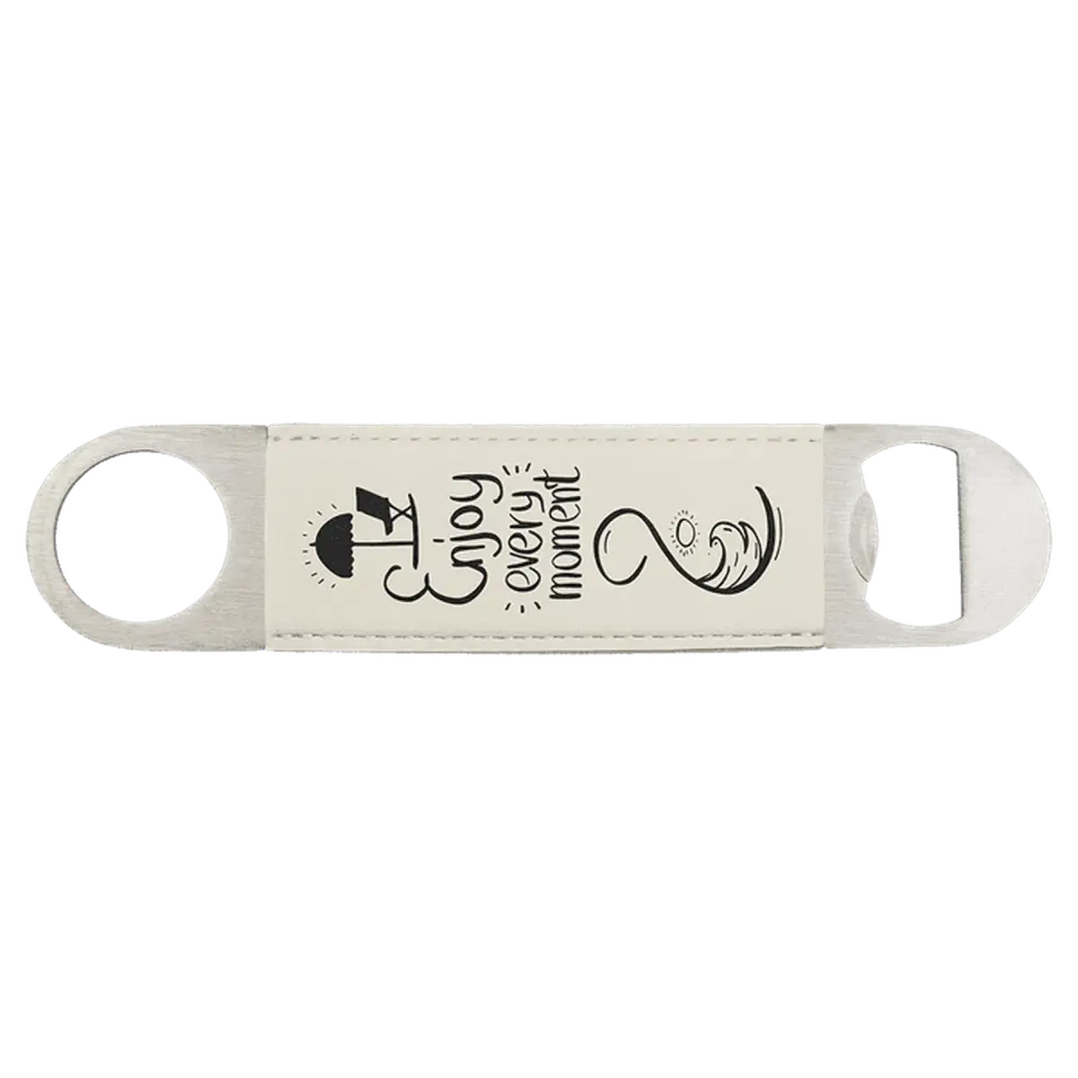 Personalized Bottle Openers - Extra Long Bar Style with Wide Ring Leatherette / White / 7" x 1 1/2"
