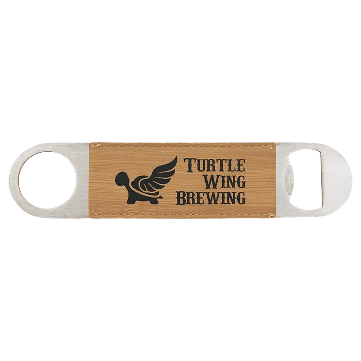 Personalized Bottle Openers - Extra Long Bar Style with Wide Ring Leatherette / Bamboo / 7" x 1 1/2"
