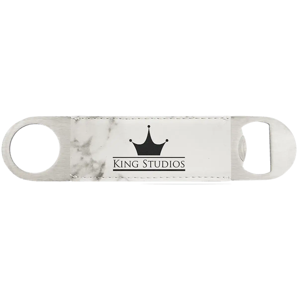 Personalized Bottle Openers - Extra Long Bar Style with Wide Ring Leatherette / White Marble / 7" x 1 1/2"