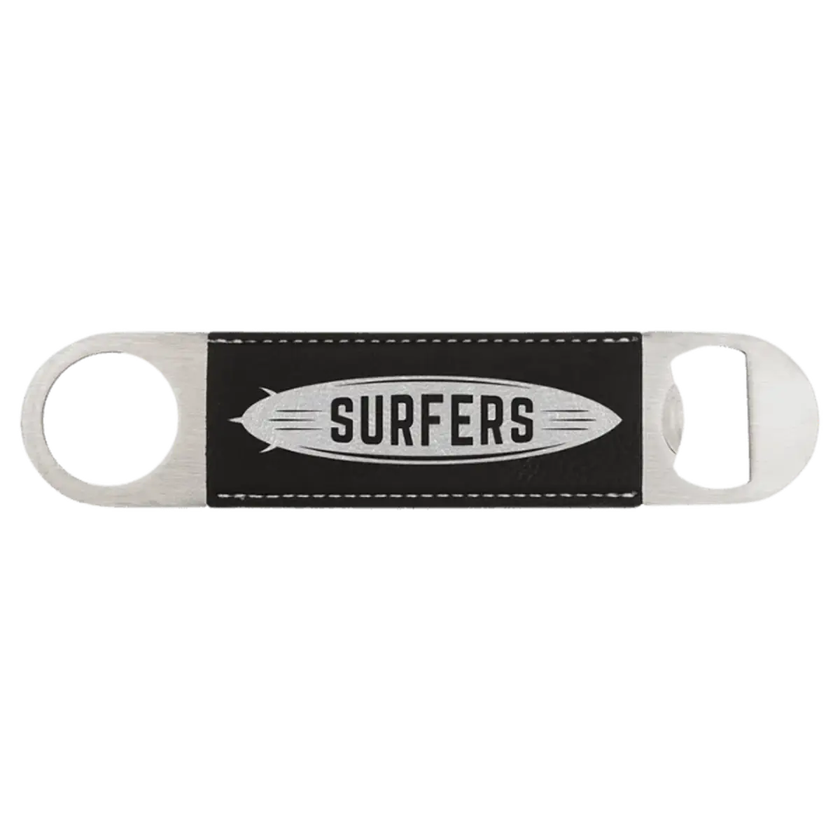 Personalized Bottle Openers - Extra Long Bar Style with Wide Ring Leatherette / Black/Silver / 7" x 1 1/2"
