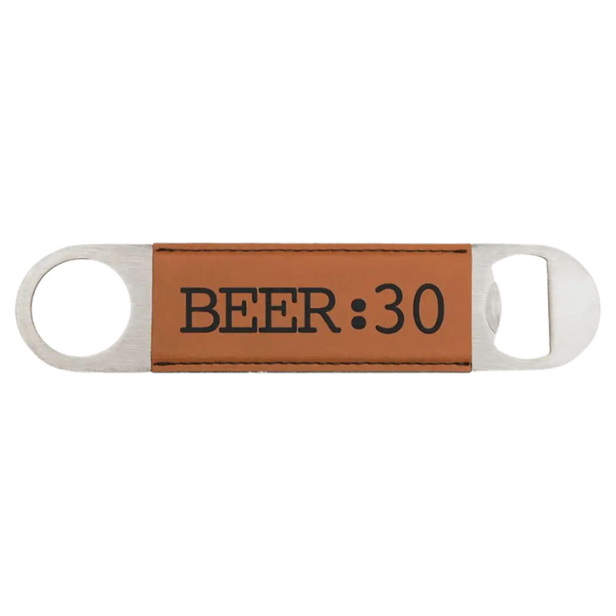 Personalized Bottle Openers - Extra Long Bar Style with Wide Ring Leatherette / Rawhide / 7" x 1 1/2"