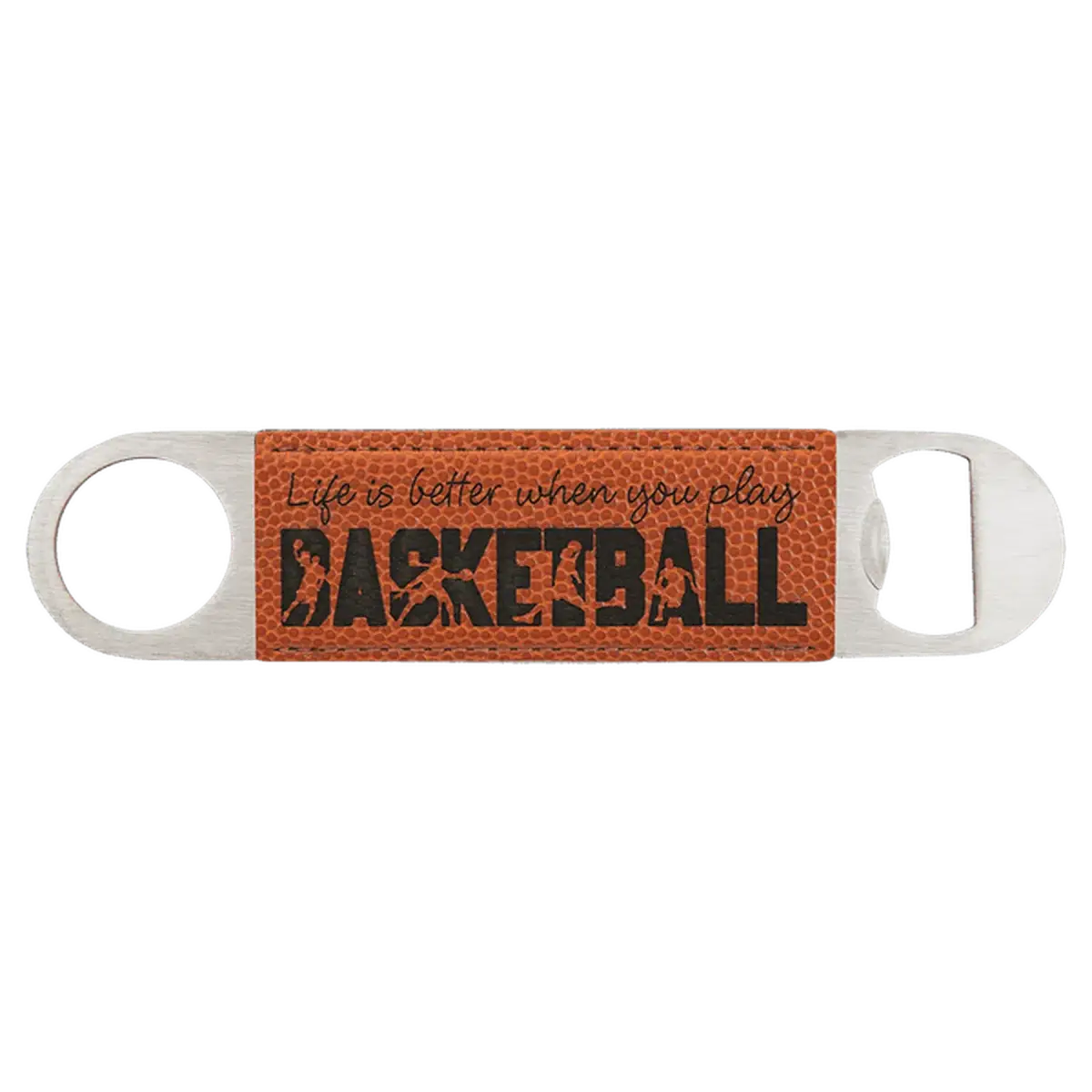 Personalized Bottle Openers - Extra Long Bar Style with Wide Ring Leatherette / Black/Silver / 7" x 1 1/2"