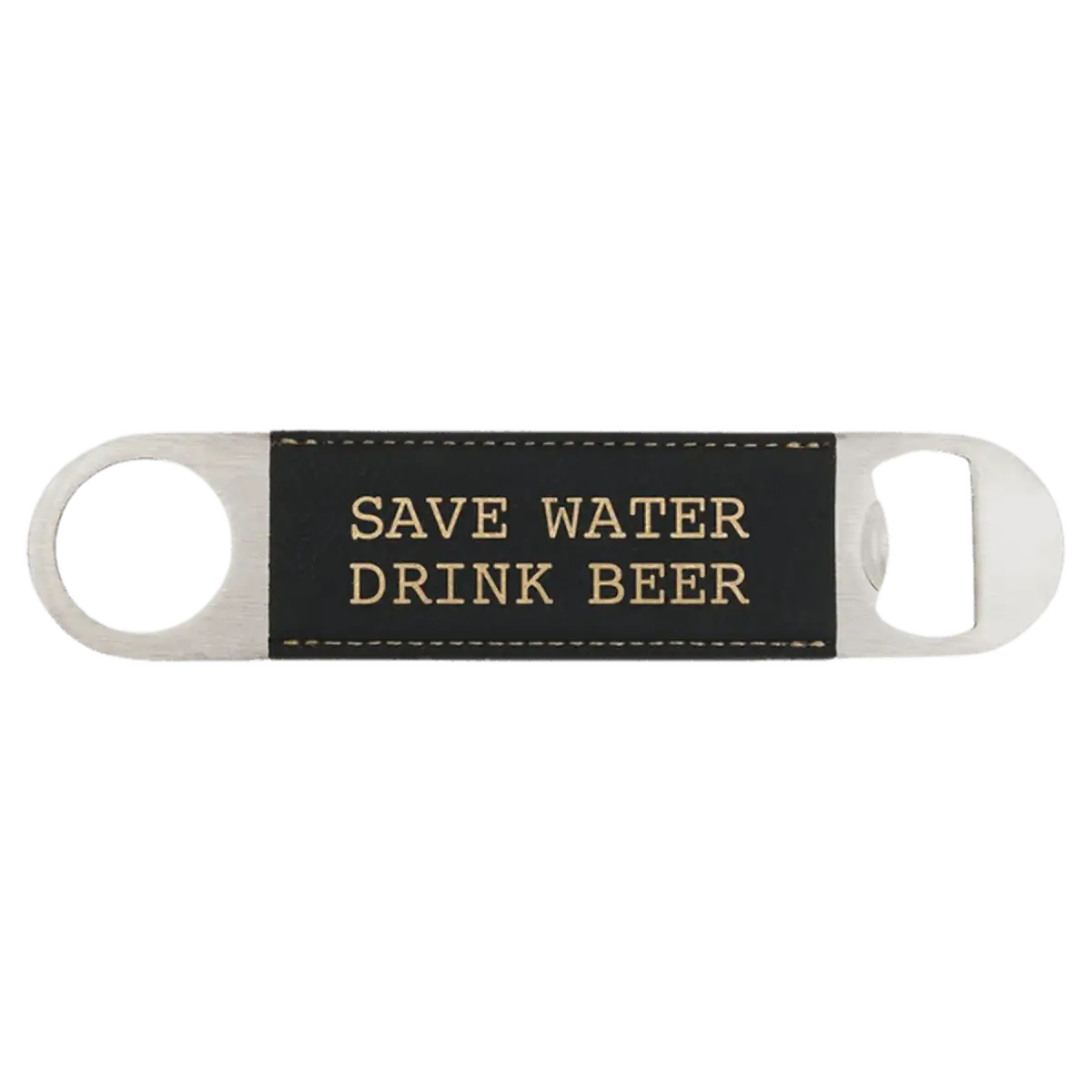 Personalized Bottle Openers - Extra Long Bar Style with Wide Ring Leatherette / Black/Gold / 7" x 1 1/2"