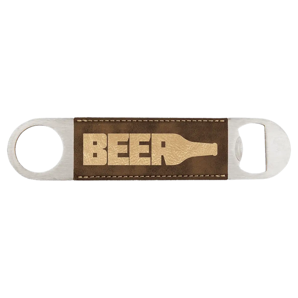 Personalized Bottle Openers - Extra Long Bar Style with Wide Ring Leatherette / Rustic/Gold / 7" x 1 1/2"
