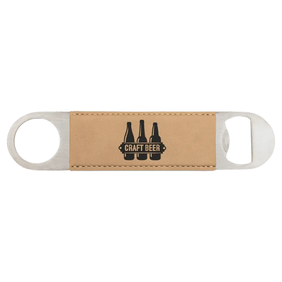 Personalized Bottle Openers - Extra Long Bar Style with Wide Ring Leatherette / Light Brown / 7" x 1 1/2"