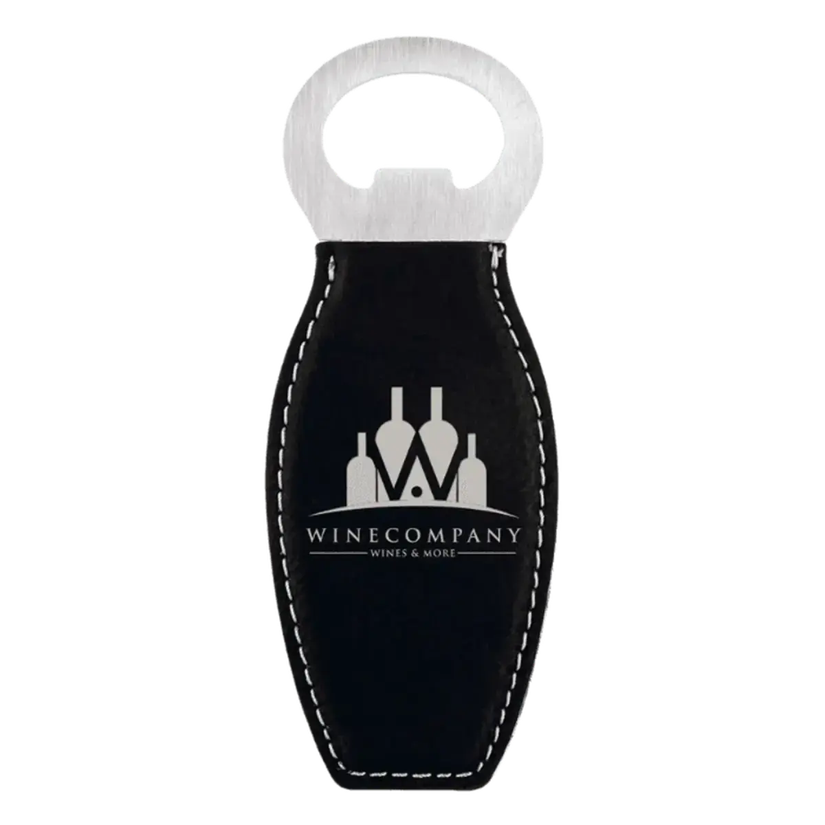 Personalized Magnetic Bottle Openers - Engraved in Leatherette or Cork Leatherette / Black/Silver / 4 5/8"