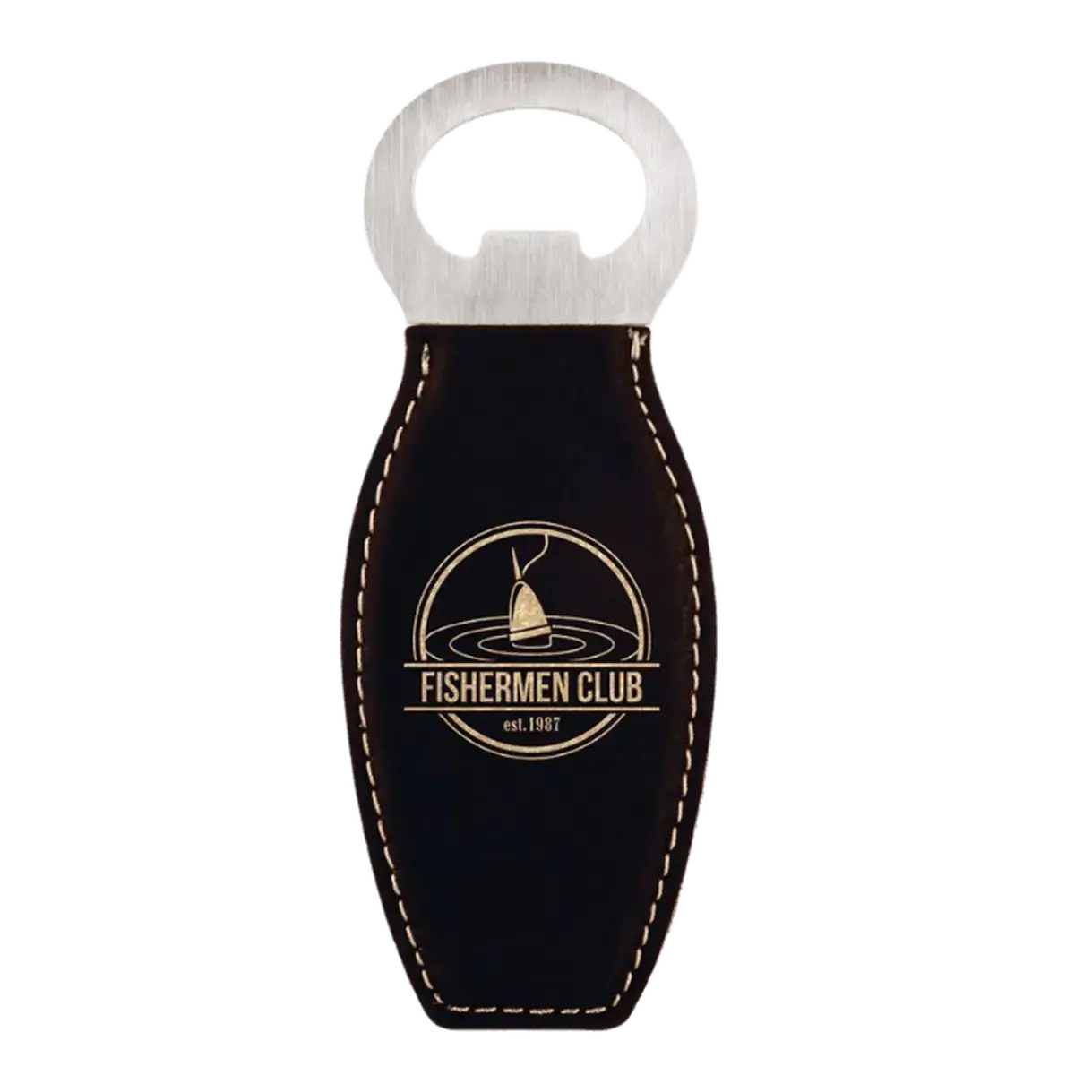 Personalized Magnetic Bottle Openers - Engraved in Leatherette or Cork Leatherette / Black/Gold / 4 5/8"