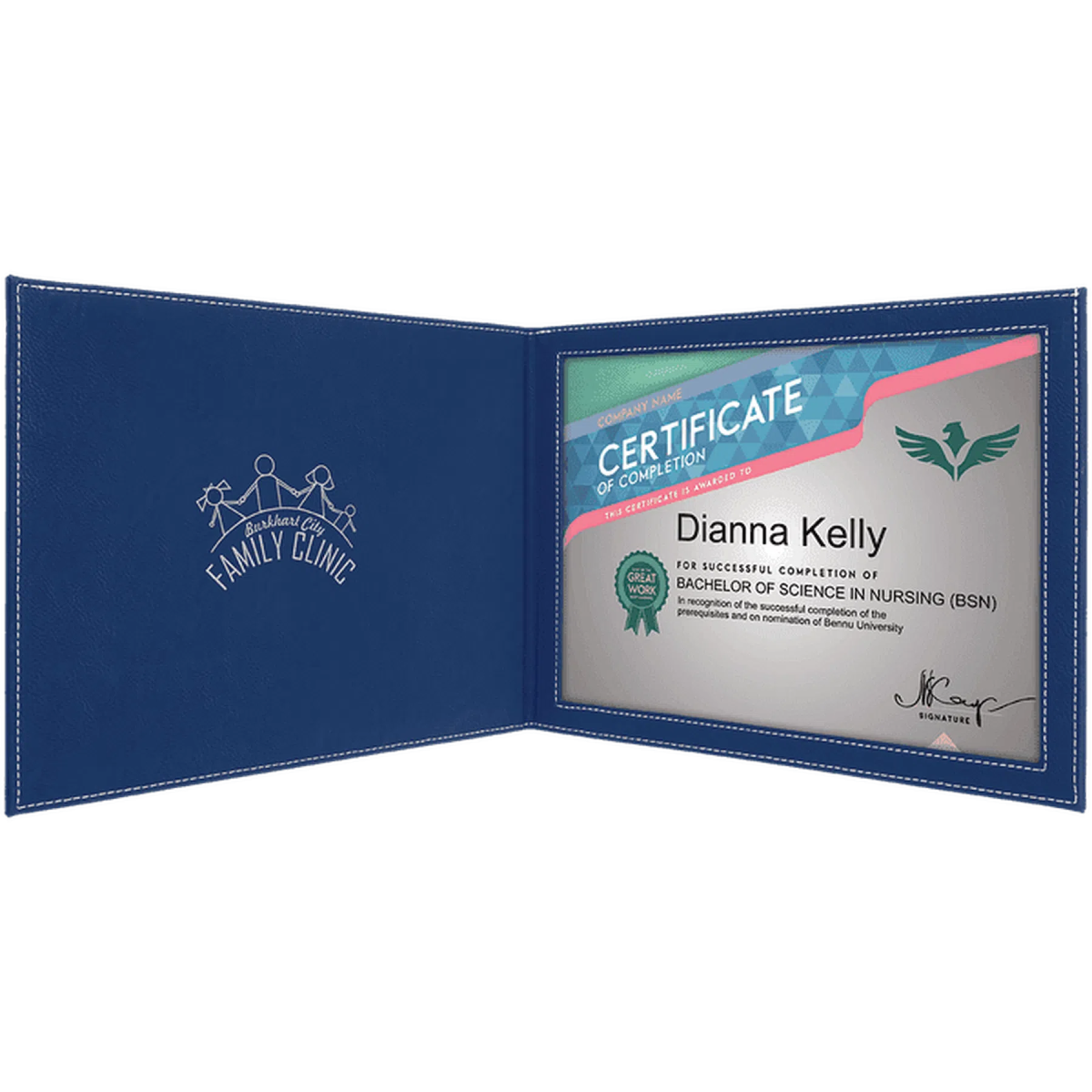 Personalized Certificate Holder in Leatherette Colors Blue/Silver / 11" (W) x 8 1/2" (H)