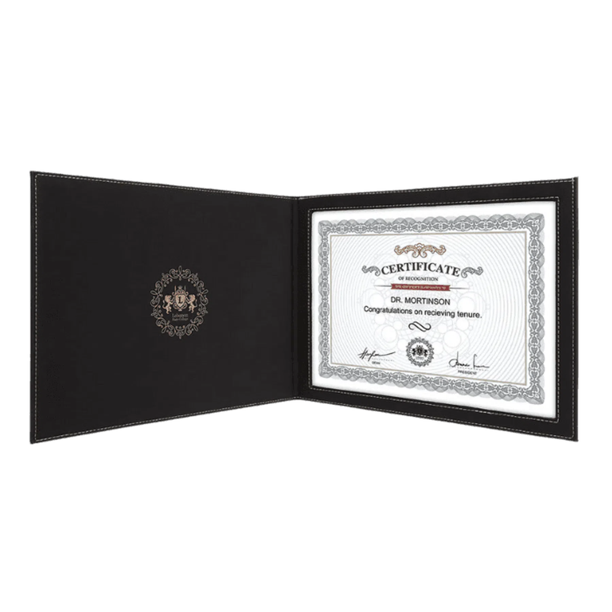 Personalized Certificate Holder in Leatherette Colors Black/Gold / 11" (W) x 8 1/2" (H)