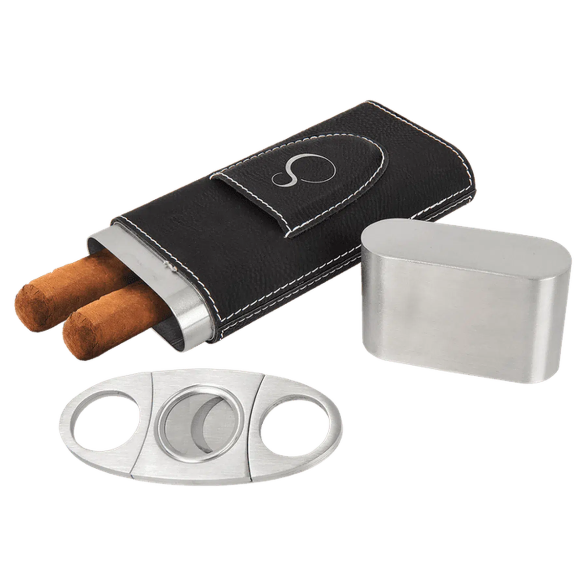 Custom Engraved Cigar Cases with Cutter in Leatherette Black/Silver / Leatherette