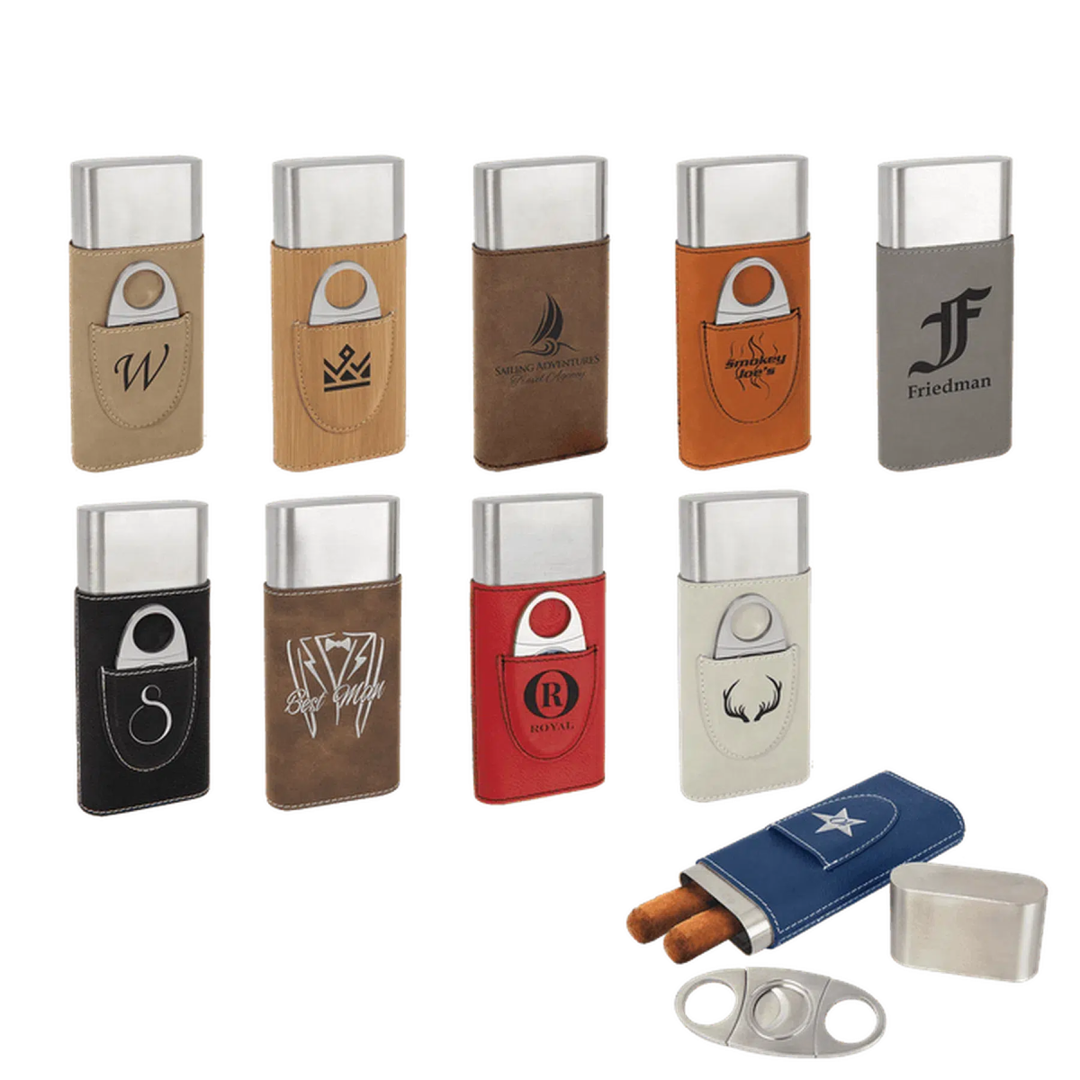 Custom Engraved Cigar Cases with Cutter in Leatherette Light Brown / Leatherette