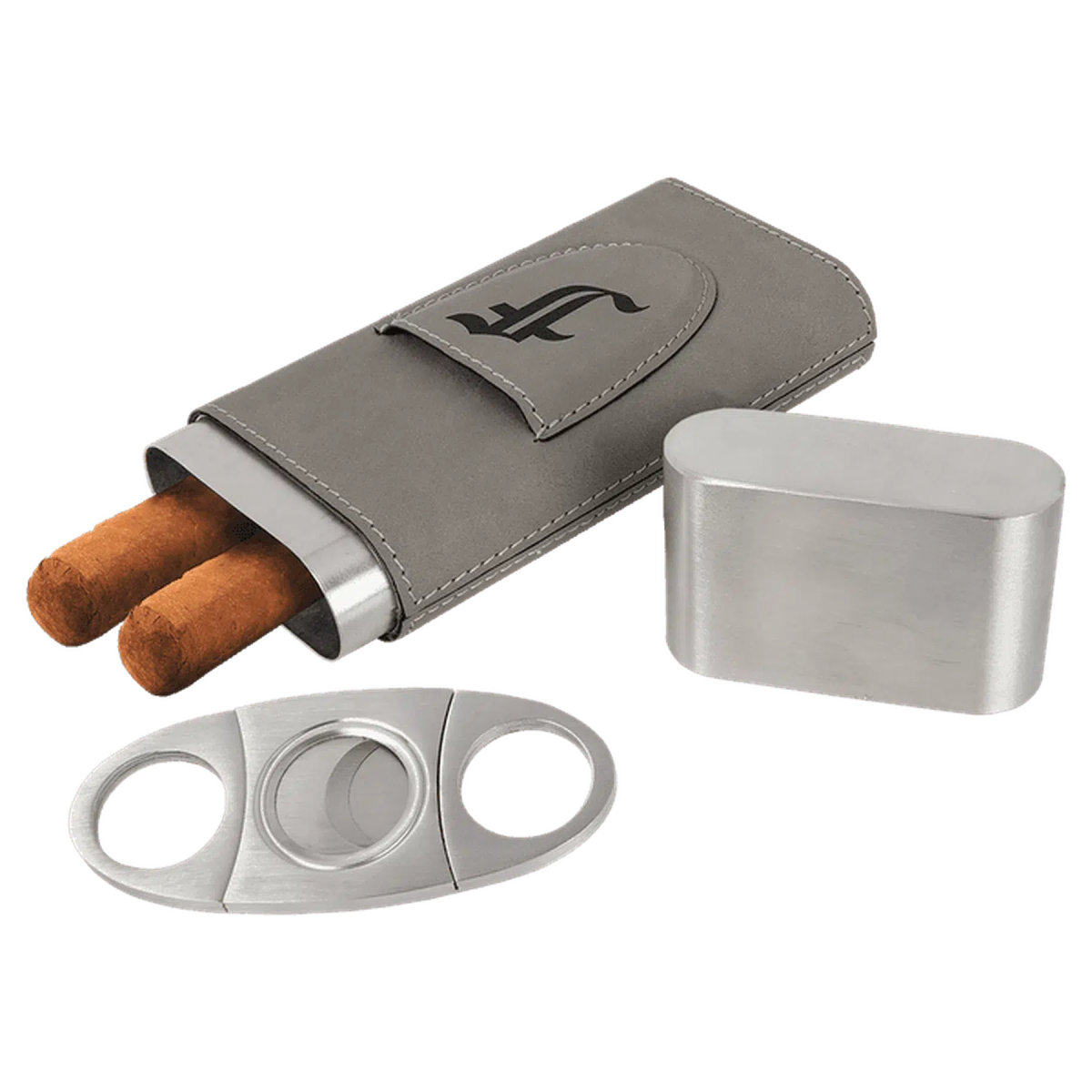 Custom Engraved Cigar Cases with Cutter in Leatherette Gray / Leatherette
