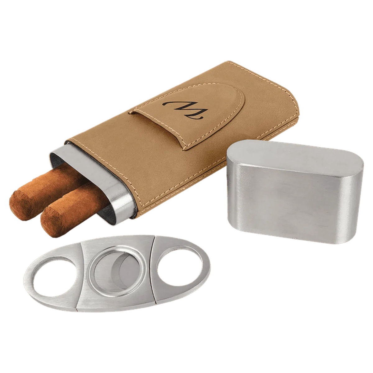 Custom Engraved Cigar Cases with Cutter in Leatherette Light Brown / Leatherette