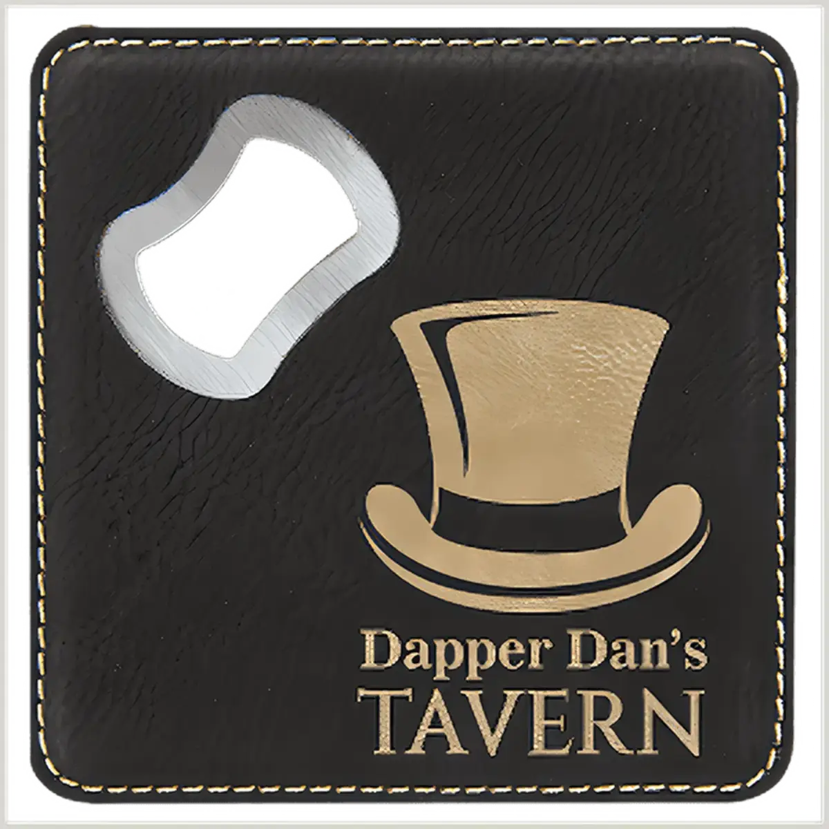 Personalized Leatherette Coaster Sets & Bottle Openers Bottle Opener Coaster / Black/Gold / Leatherette