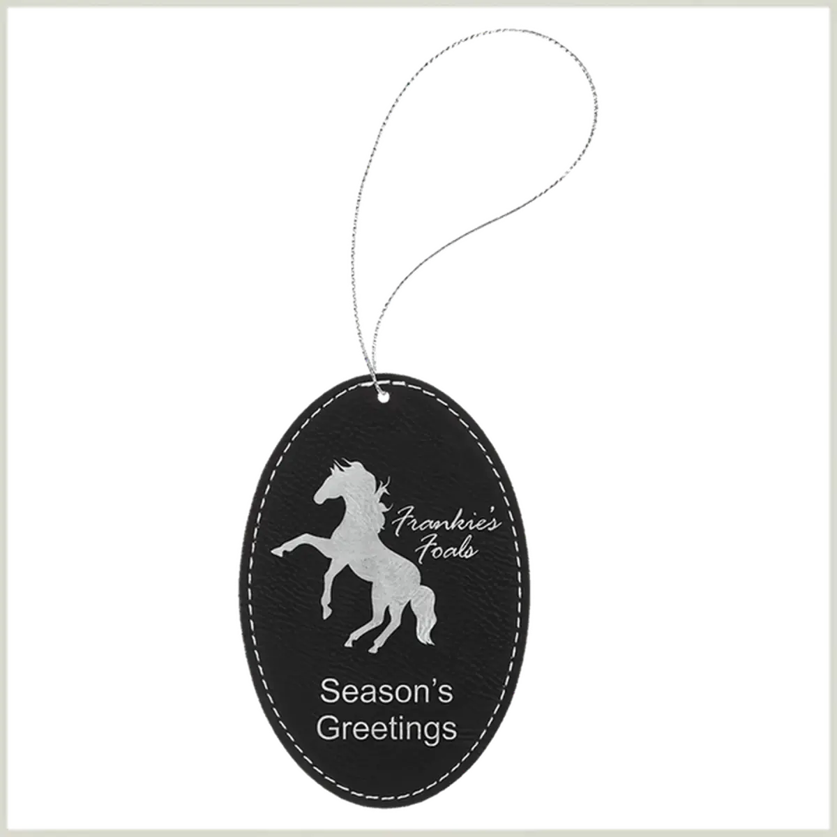 Personalized Leatherette Ornaments – Star, Tree & Sport Shapes Oval / Black/Silver / Leatherette