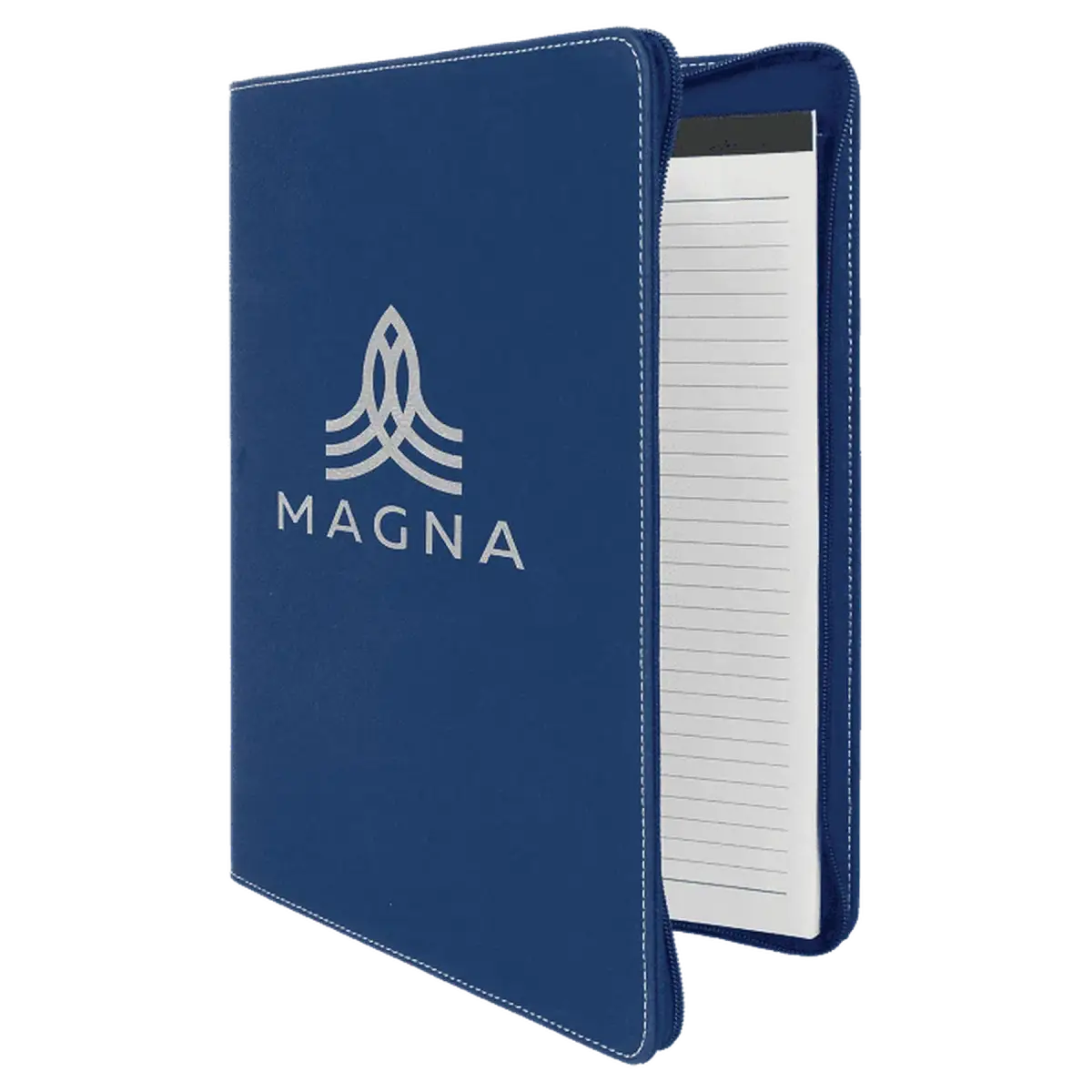 Personalized Professional Portfolios – Zippered & Classic Styles with Notepad 9 1/2" x 12" / Open / Blue/Silver