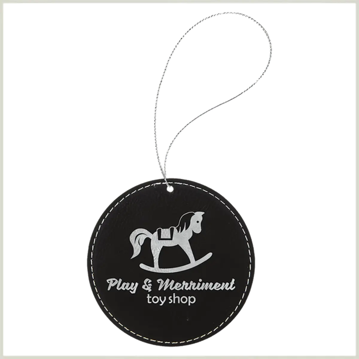 Personalized Leatherette Ornaments – Star, Tree & Sport Shapes Round / Black/Silver / Leatherette