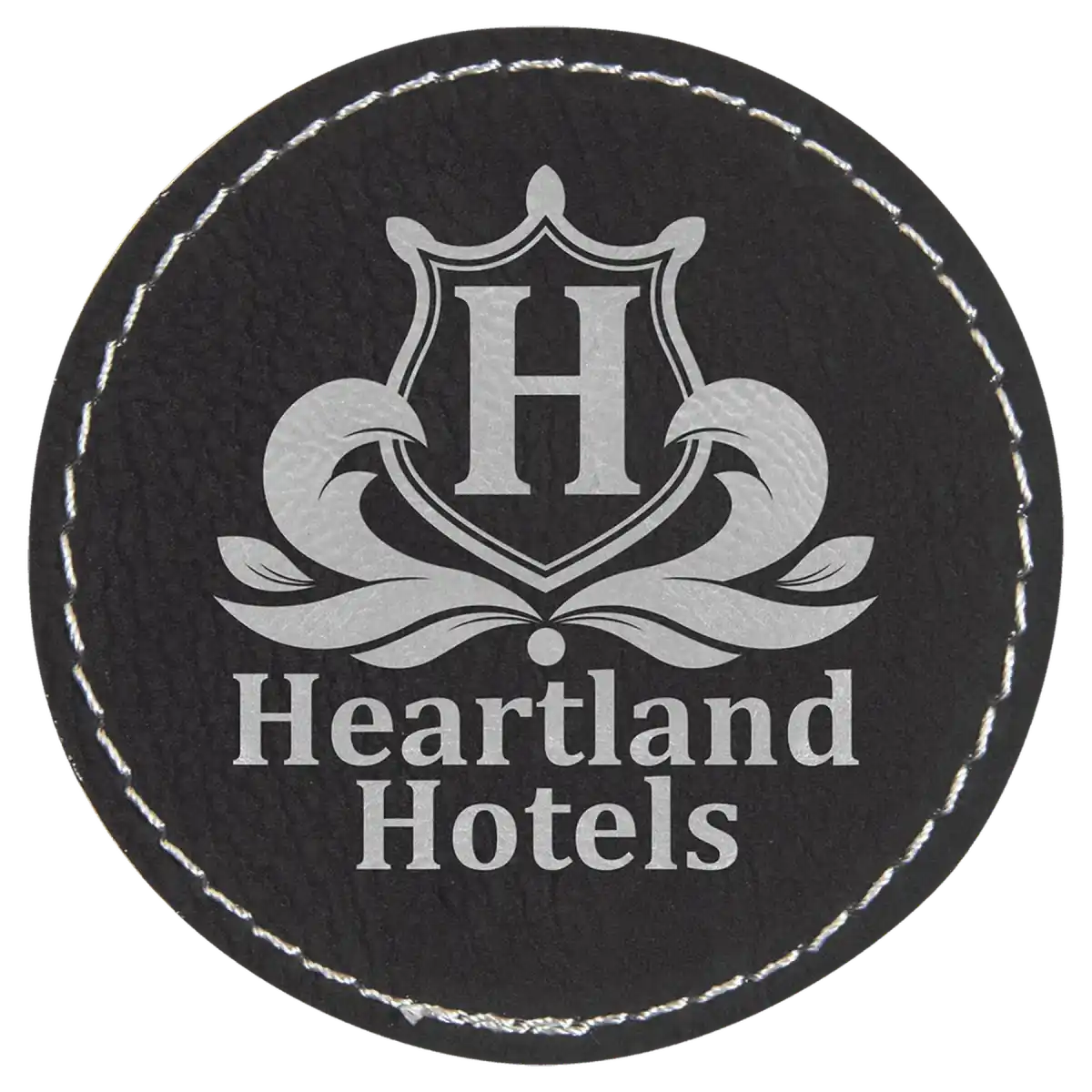 Personalized Patches in Self-Adhesive Leatherette - Round Shape 2 1/2" / Black/Silver