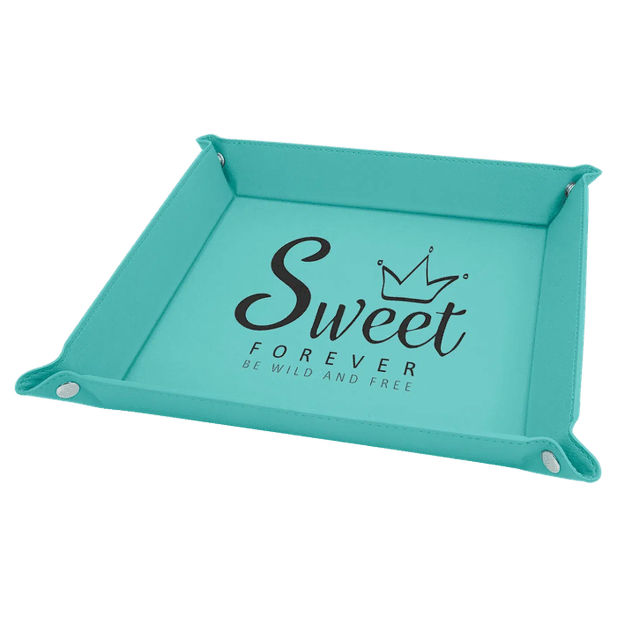 Personalized Catch-All Tray with Snap Up Corners - Leatherette Caddy Trays 6" x 6" / Teal