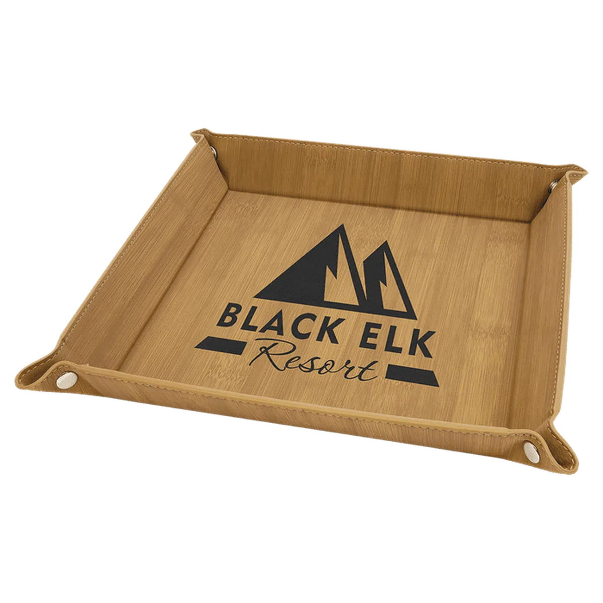 Personalized Catch-All Tray with Snap Up Corners - Leatherette Caddy Trays 6" x 6" / Bamboo