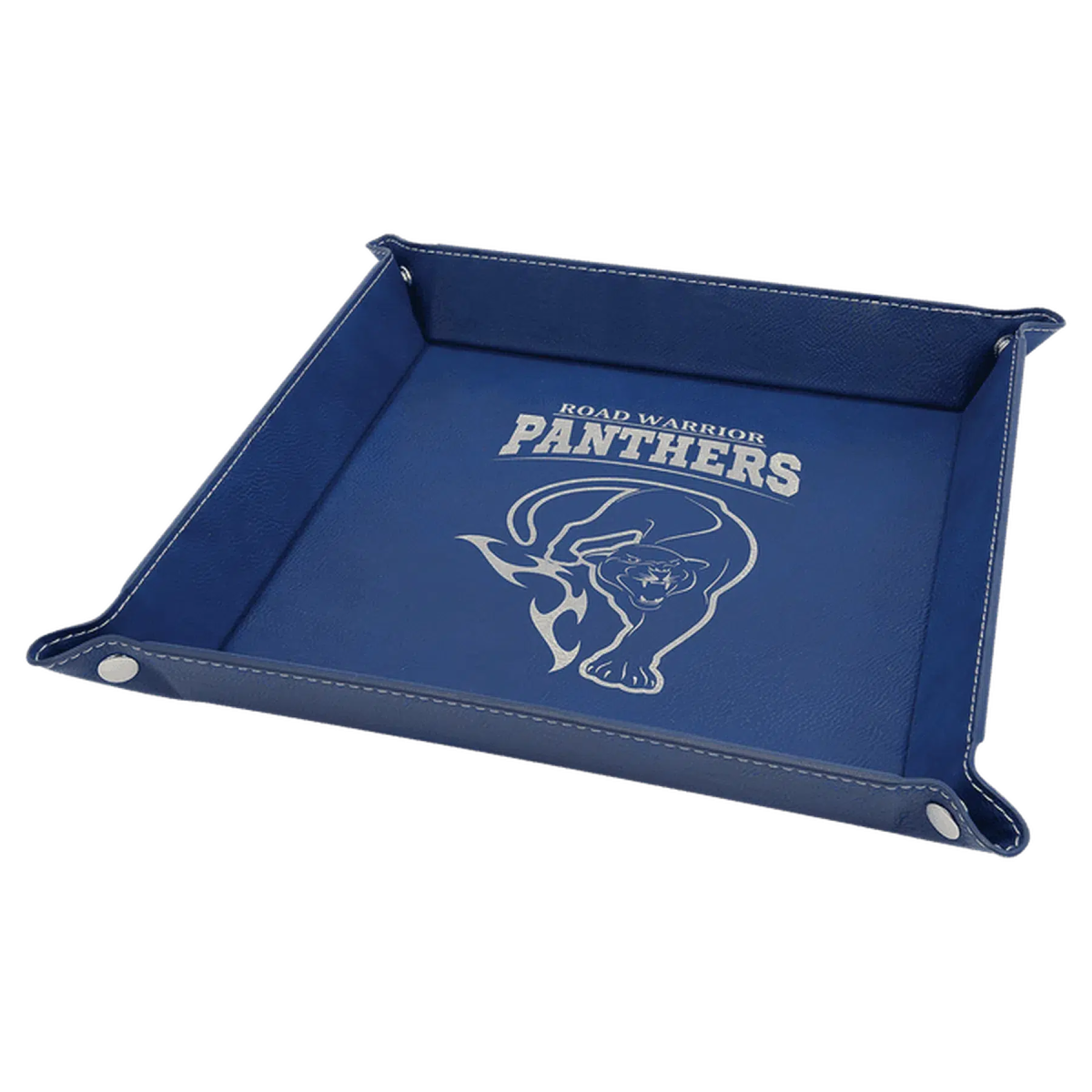 Personalized Catch-All Tray with Snap Up Corners - Leatherette Caddy Trays 6" x 6" / Blue/Silver
