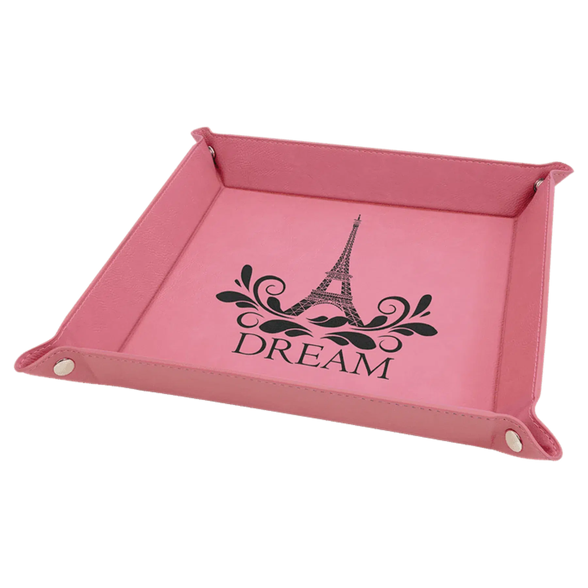 Personalized Catch-All Tray with Snap Up Corners - Leatherette Caddy Trays 6" x 6" / Pink
