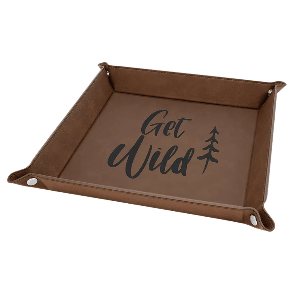 Personalized Catch-All Tray with Snap Up Corners - Leatherette Caddy Trays 6" x 6" / Dark Brown