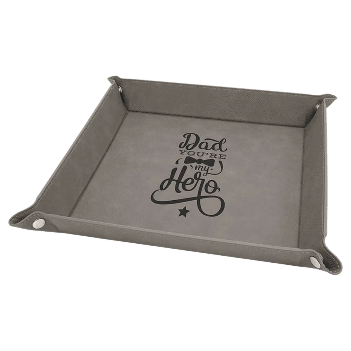 Personalized Catch-All Tray with Snap Up Corners - Leatherette Caddy Trays 6" x 6" / Gray