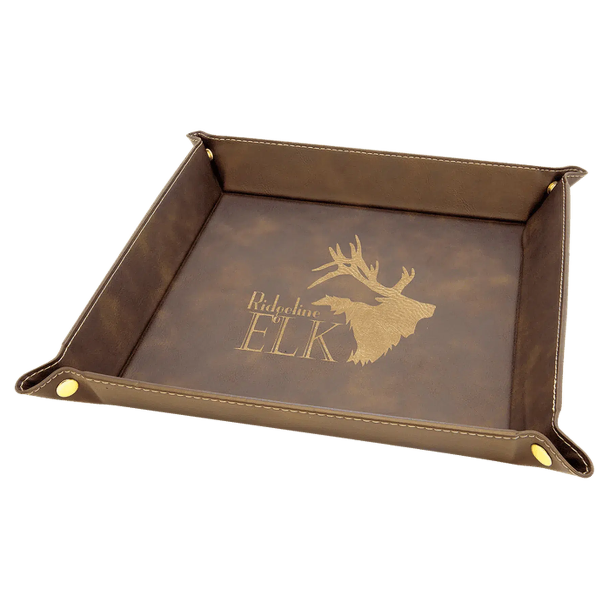 Personalized Catch-All Tray with Snap Up Corners - Leatherette Caddy Trays 6" x 6" / Rustic/Gold