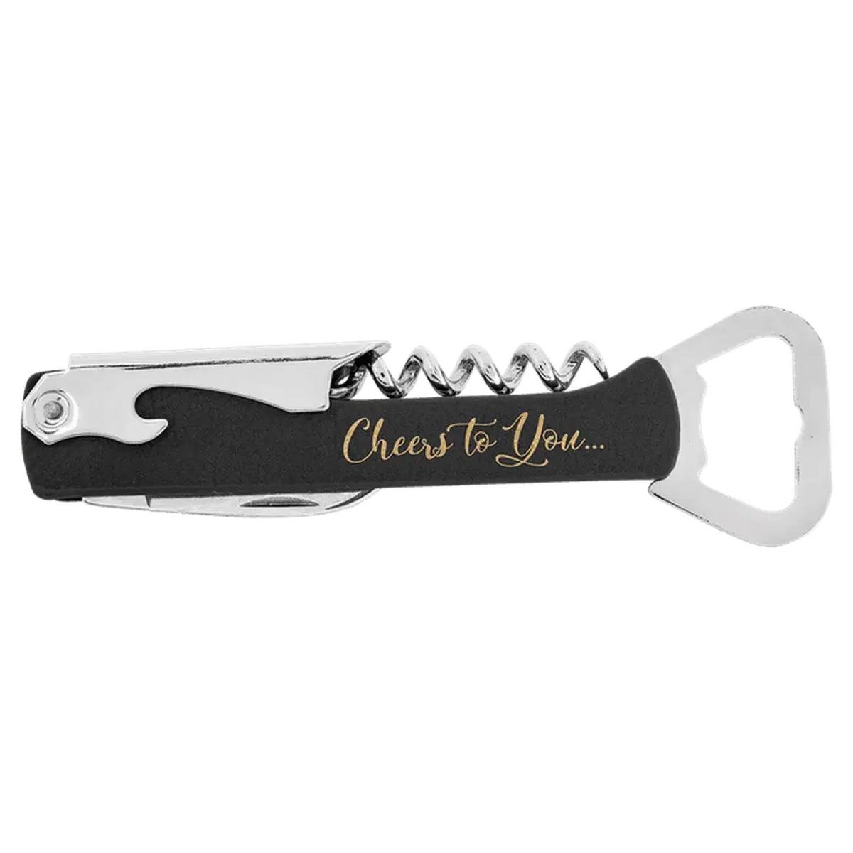 Personalized Corkscrew Wine Bottle Opener - Leatherette or Wood Leatherette / Black/Gold / 5.75"