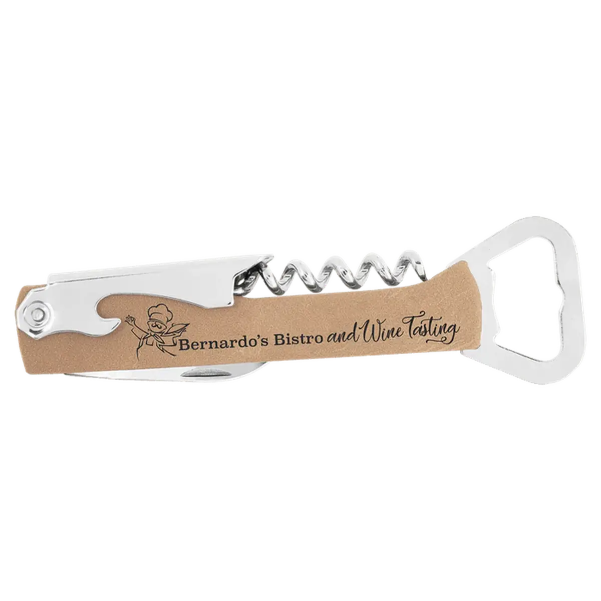Personalized Corkscrew Wine Bottle Opener - Leatherette or Wood Leatherette / Light Brown / 5.75"