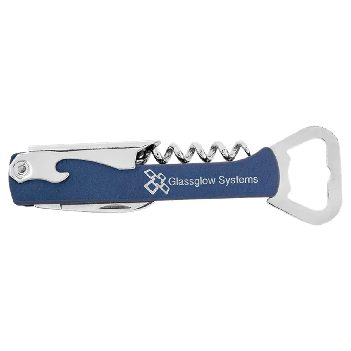 Personalized Corkscrew Wine Bottle Opener - Leatherette or Wood Leatherette / Blue/Silver / 5.75"