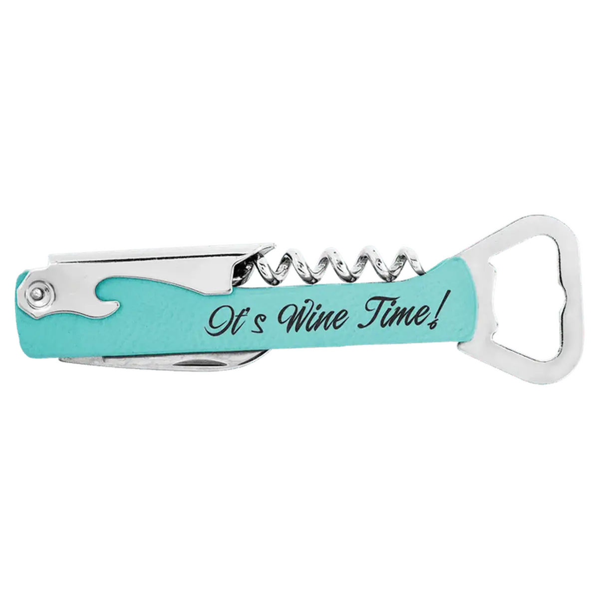 Personalized Corkscrew Wine Bottle Opener - Leatherette or Wood Leatherette / Teal / 5.75"