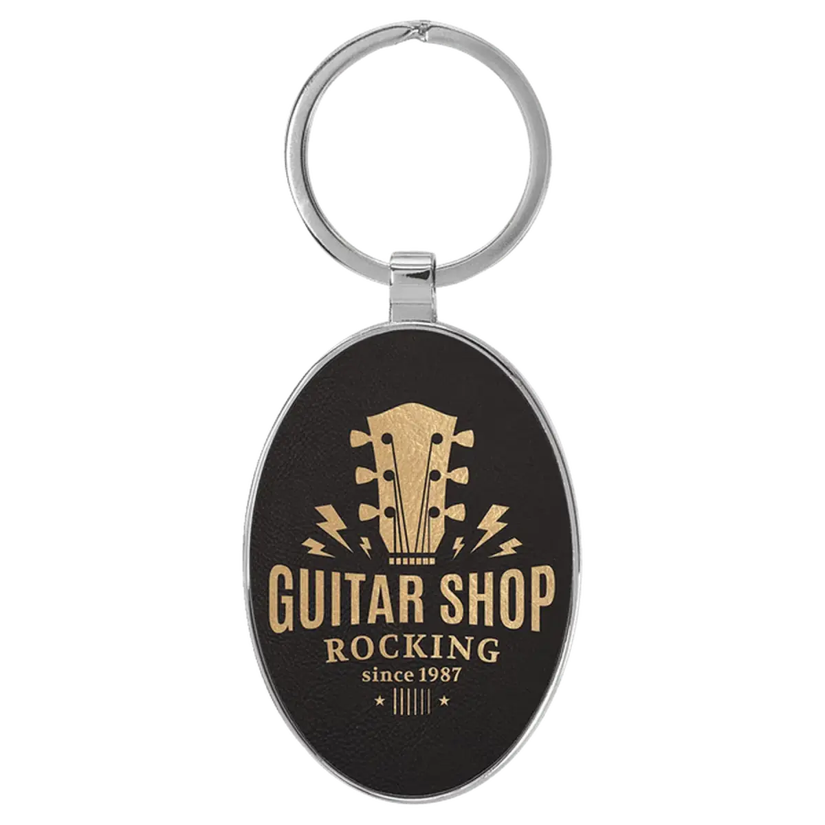 Personalized Leatherette Keychains - With Football & Basketball Styles Oval - Metal Frame / Black/Gold / Leatherette