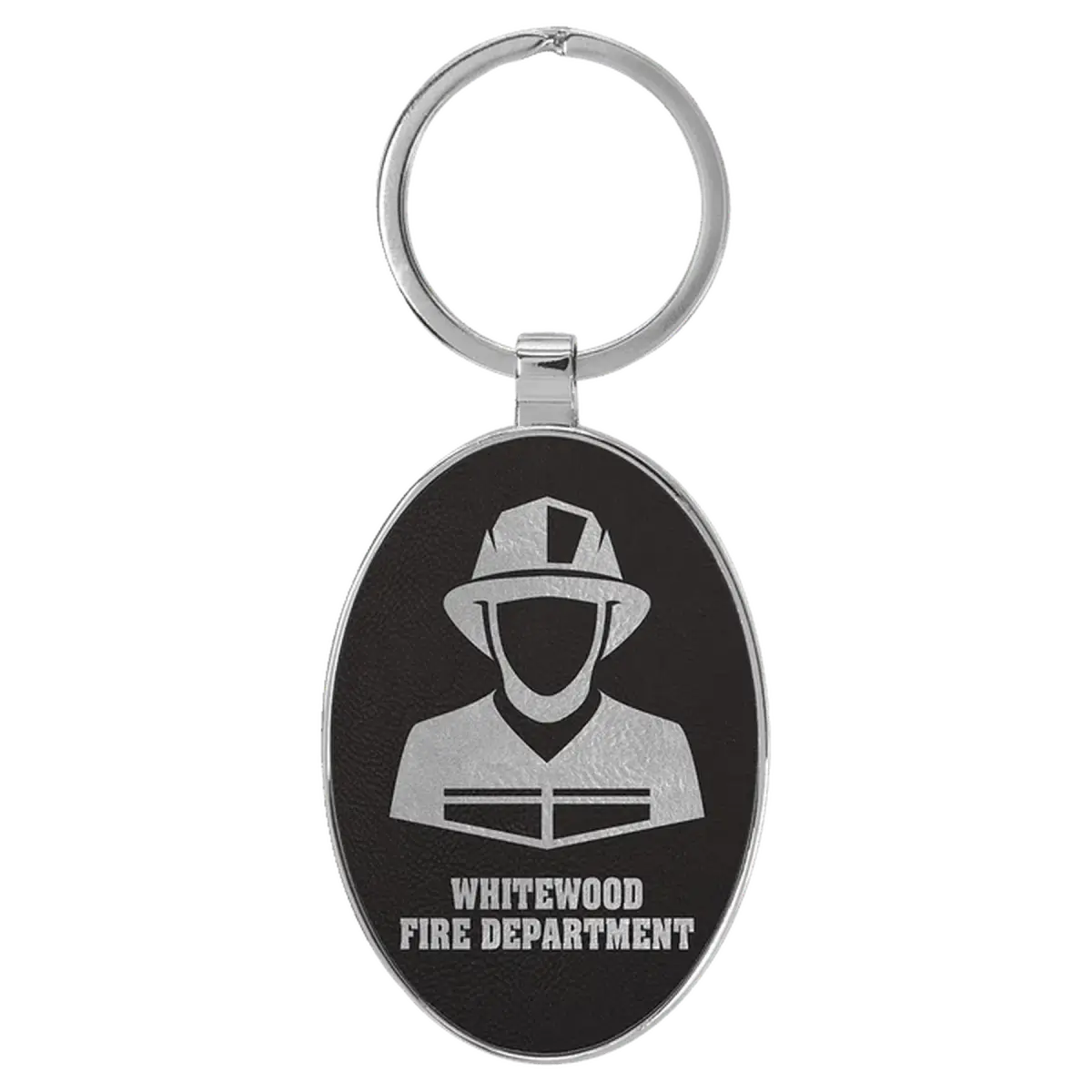 Personalized Leatherette Keychains - With Football & Basketball Styles Oval - Metal Frame / Black/Silver / Leatherette